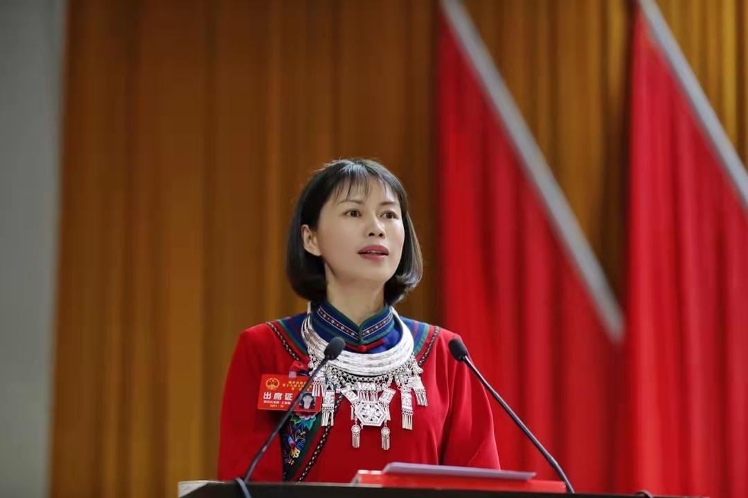 图为新当选的县人民政府县长王慧敏讲话